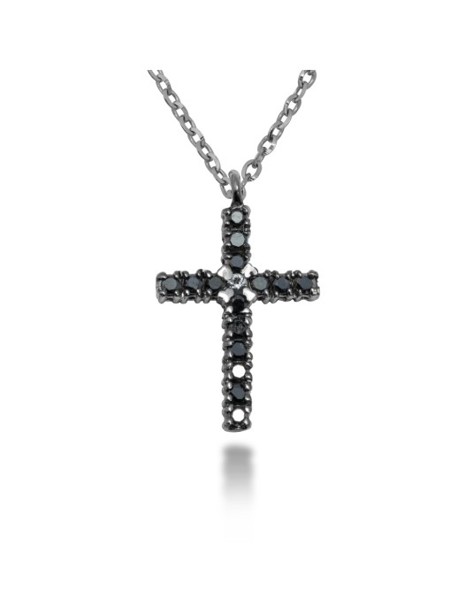 COLLANA CROCE STILIZZATA IN ORO 18 KT CON DIAMANTI BLACK