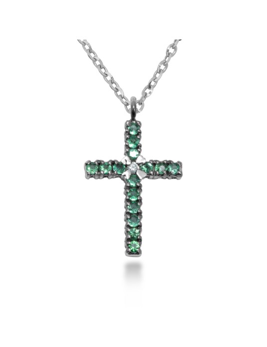 COLLANA CROCE STILIZZATA IN ORO 18 KT CON DIAMANTE E SMERALDI