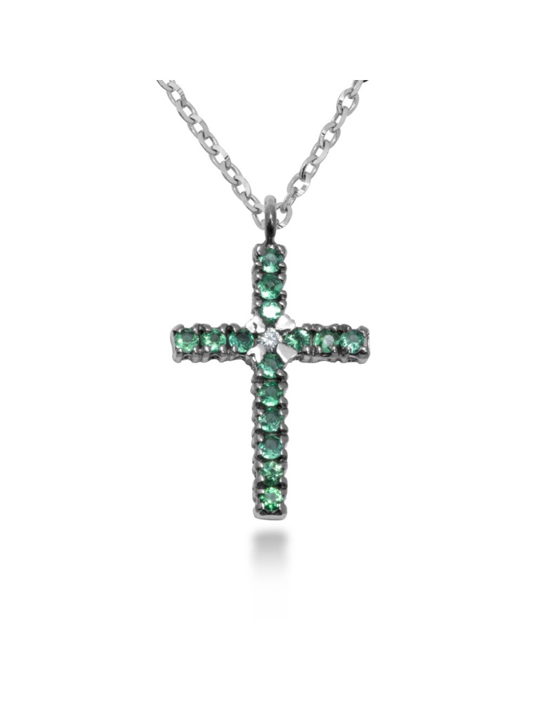 COLLANA CROCE STILIZZATA IN ORO 18 KT CON DIAMANTE E SMERALDI