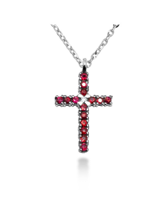 COLLANA CROCE STILIZZATA IN ORO 18 KT CON DIAMANTE E RUBINI