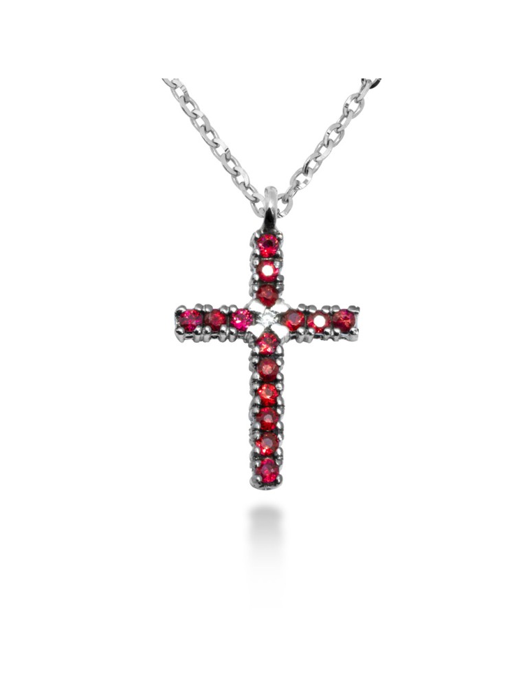 COLLANA CROCE STILIZZATA IN ORO 18 KT CON DIAMANTE E RUBINI