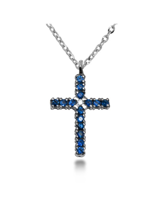 COLLANA CROCE STILIZZATA IN ORO 18 KT CON DIAMANTE E ZAFFIRI