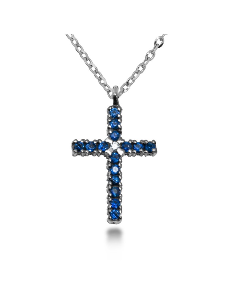 COLLANA CROCE STILIZZATA IN ORO 18 KT CON DIAMANTE E ZAFFIRI